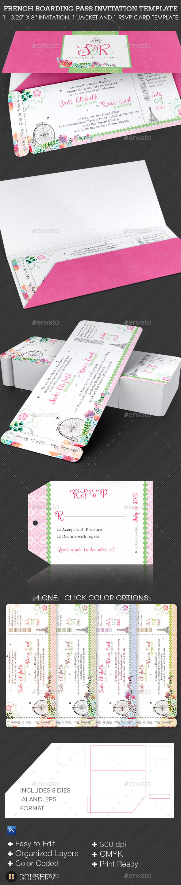 French Wedding Boarding Pass Invitation Template