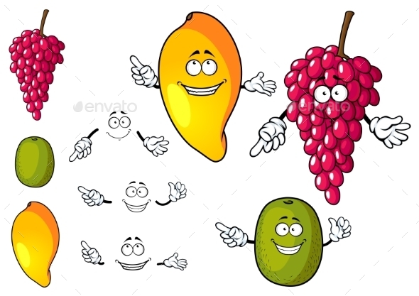 Cartoon Mango, Grape And Kiwi Fruits