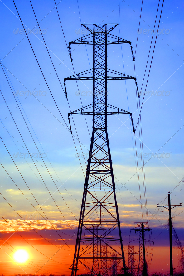 Electric High Voltage Transmission Tower at Sunset