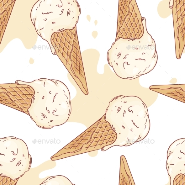 Hand Drawn Ice Cream In a Waffle Cone Seamless