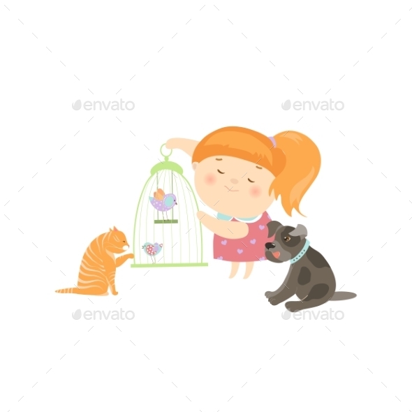 Cute Girl Surrounded By Different Types Of Pets