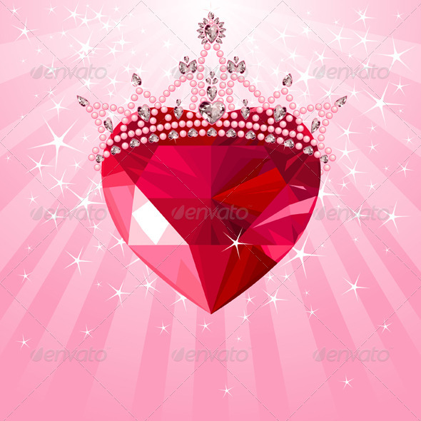 Crystal heart with crown on radial background Crystal heart with crown on radial background