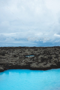 Blue lagoon in a lava moss field