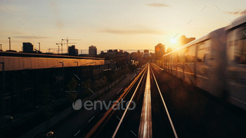 Train riding into the sunset