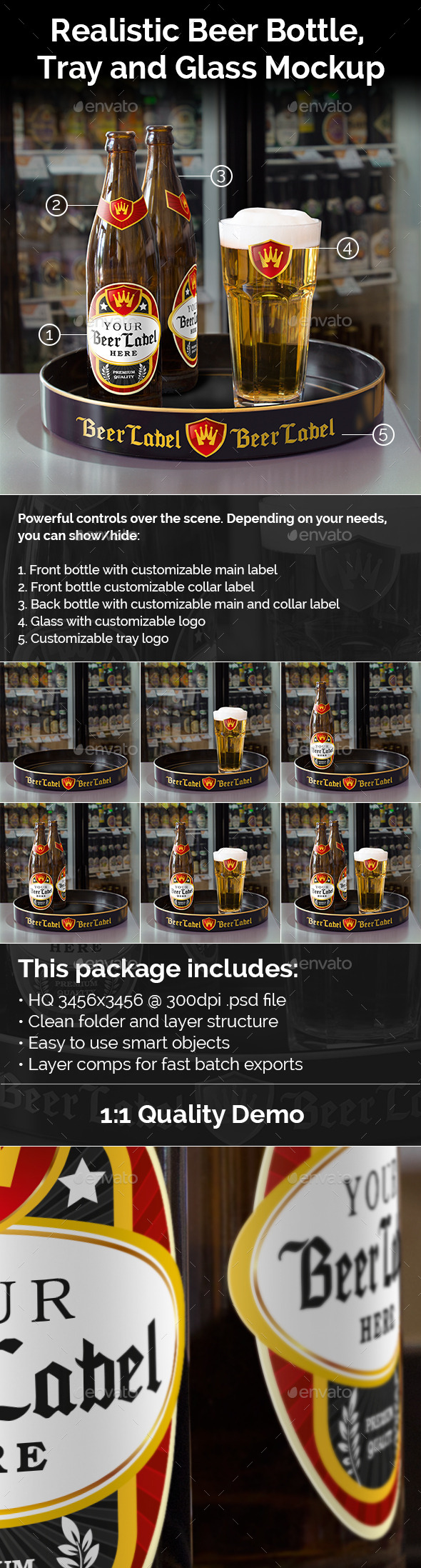 Realistic Beer Bottle, Tray and Glass Mockup