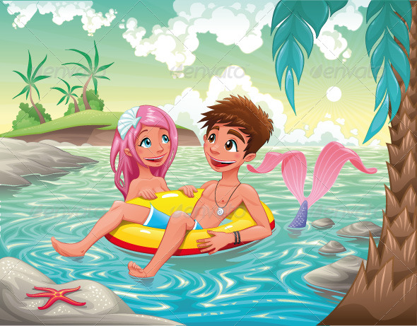 Boy and Mermaid in the sea.