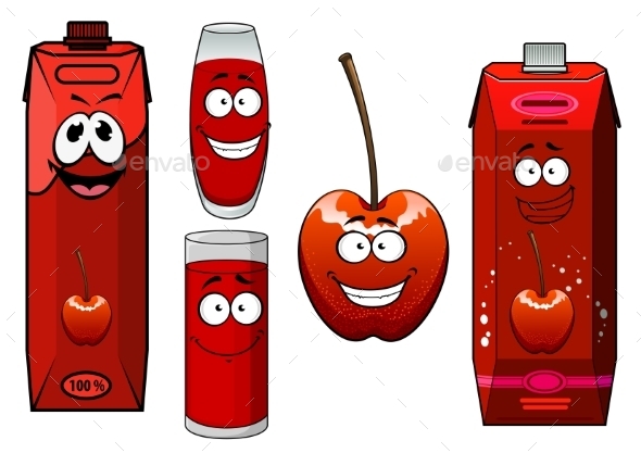 Cartoon Red Sweet Cherry Juice And Fruit