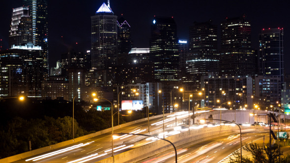 Night Highway Traffic Against Philadelphia Skyline by TSSZNews | VideoHive