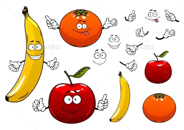 Cartoon Apple, Orange And Banana Fruits