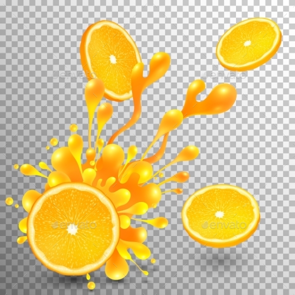 Orange Slice With Juice Splash On Transparent Grid