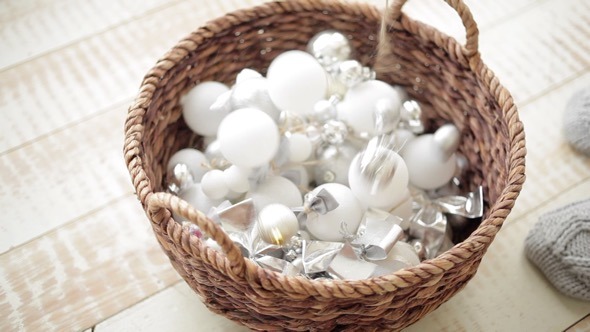 Basket of Silver Christmas Balls