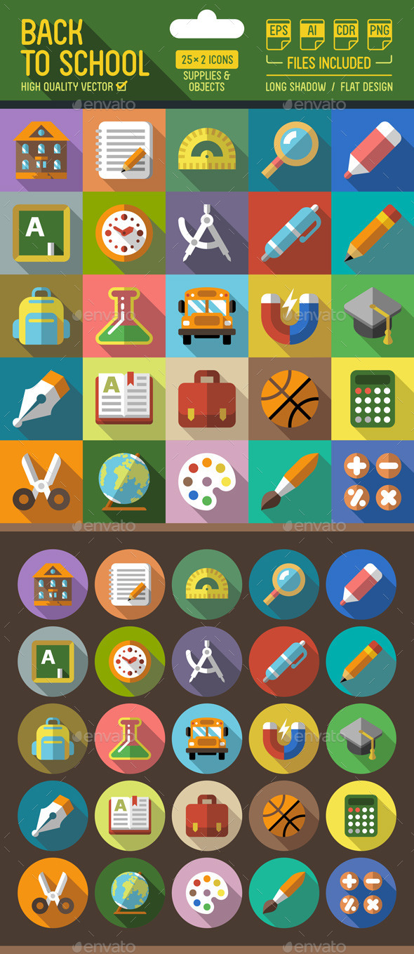 Graphicriver Back to School Flat Icons with Long Shadow 12820073