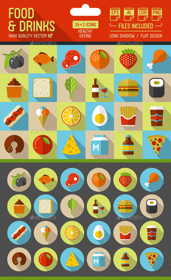Graphicriver Food and Drinks Flat Icons with Long Shadow 12820257