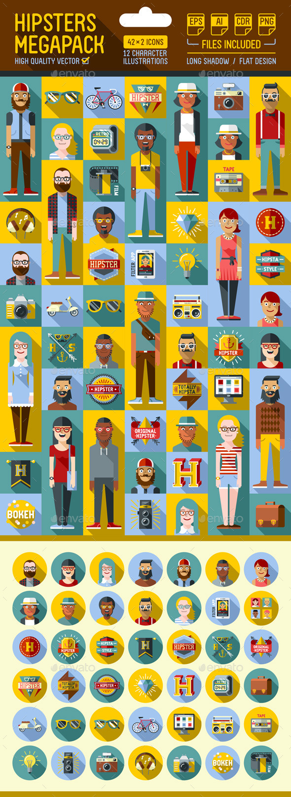 Graphicriver Hipster Megapack Flat Icons with Long Shadow 12820290