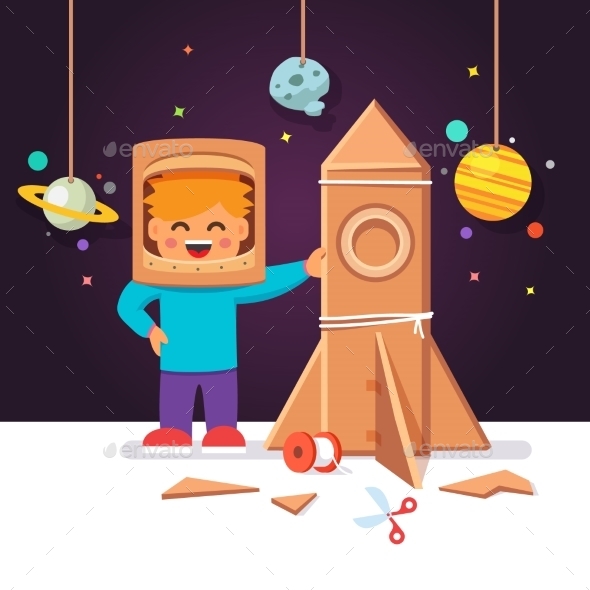 Kid Making Cardboard Box Rocket