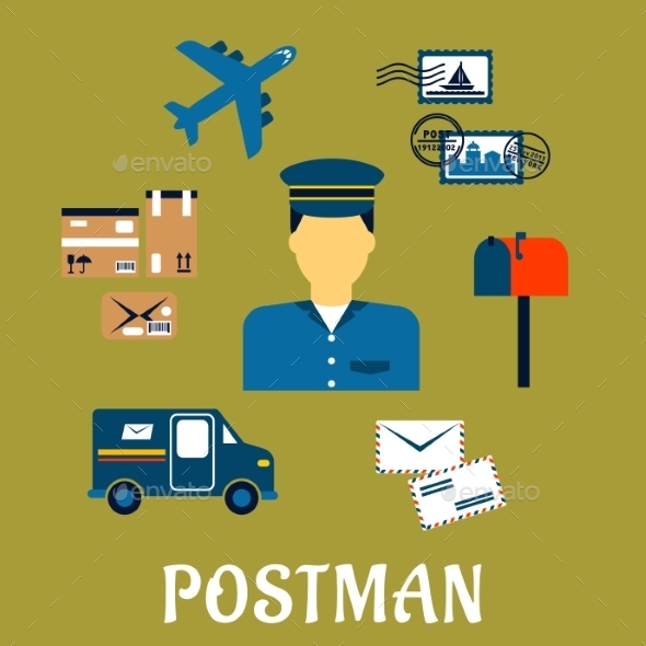 Graphicriver Flat Postal Icons Around a Postman 12842658