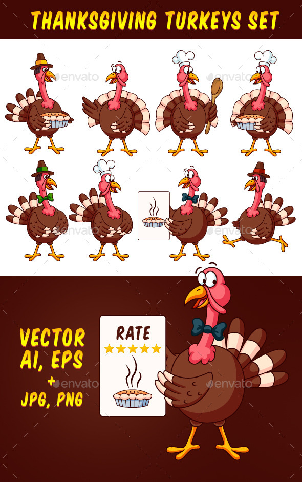 Thanksgiving Cartoon Turkeys Vector Set