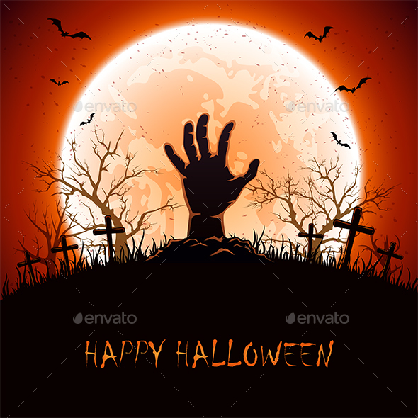 Halloween Background with Hand on Cemetery