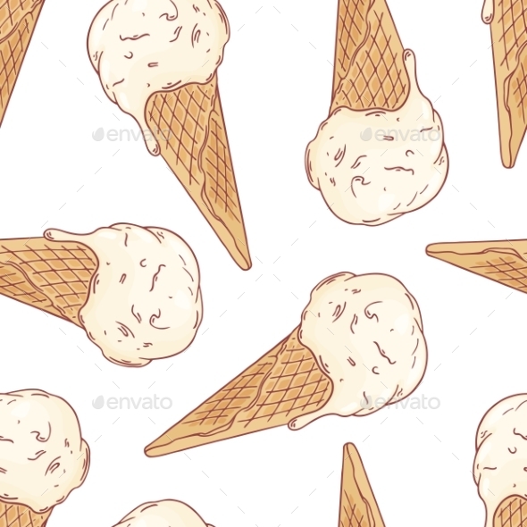 Doodle Ice Cream In a Waffle Cone Seamless Pattern