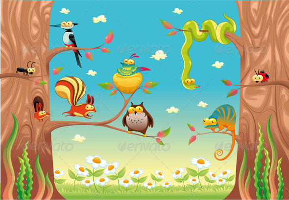 Funny animals on branches Funny animals on branches