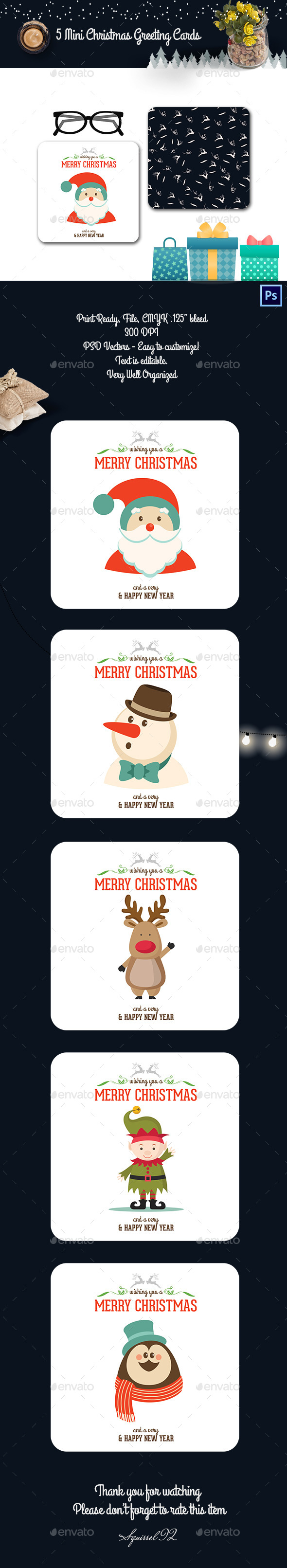 5 Mini Christmas Greeting Cards