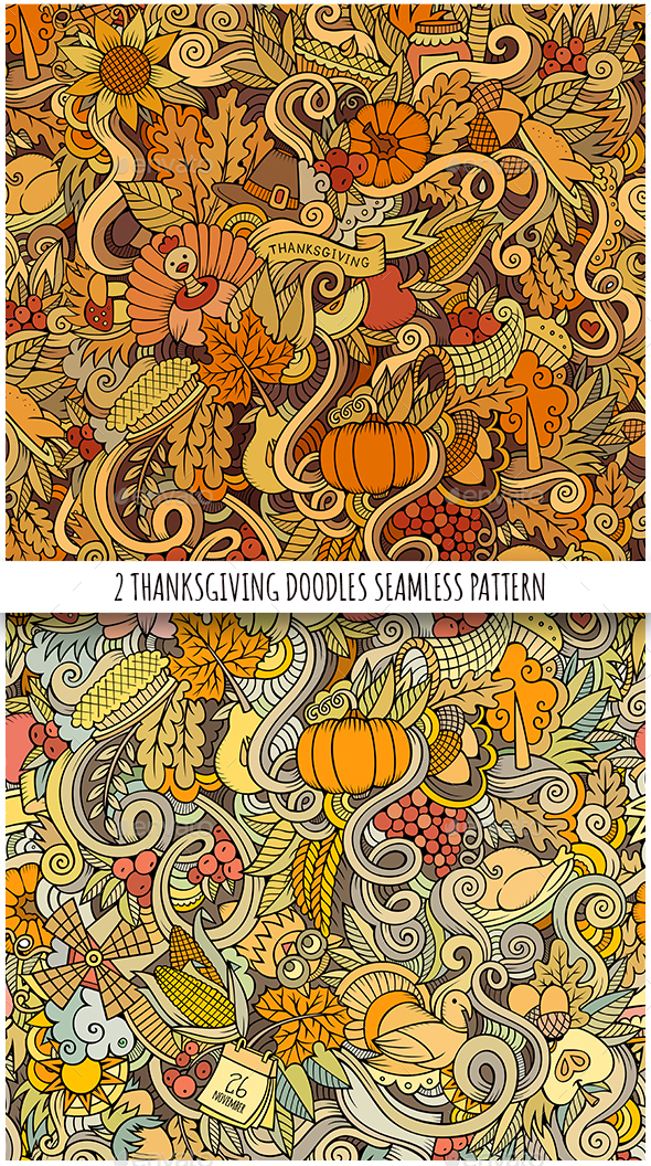 2 Thanksgiving Doodles Seamless Patterns
