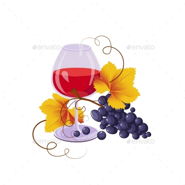 Glass Of Red Wine And Black Grapes, Vector