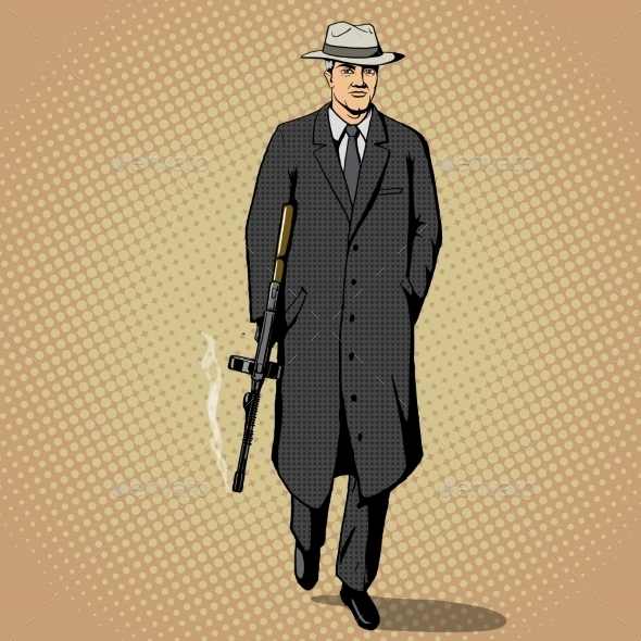 Gangster With Gun Walking Pop Art Style Vector