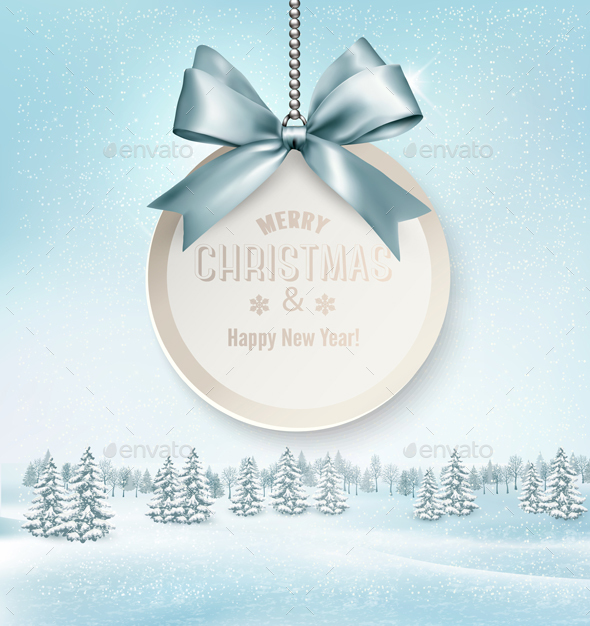 Merry Christmas Card with a Ribbon and Winter