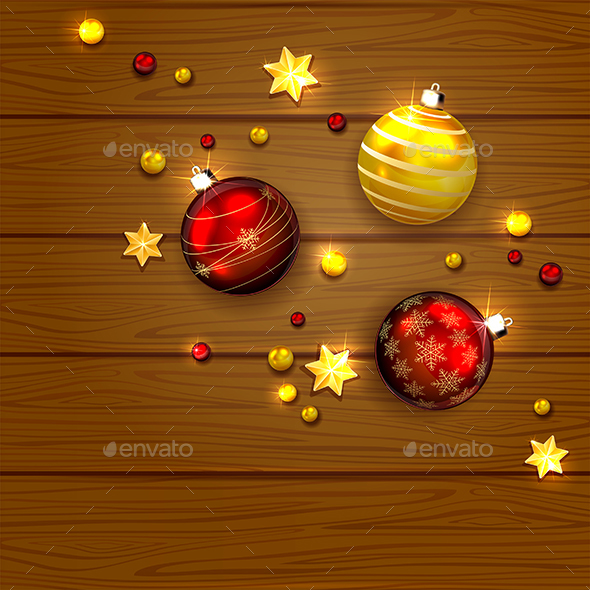 Christmas Balls and Stars on Wooden Background