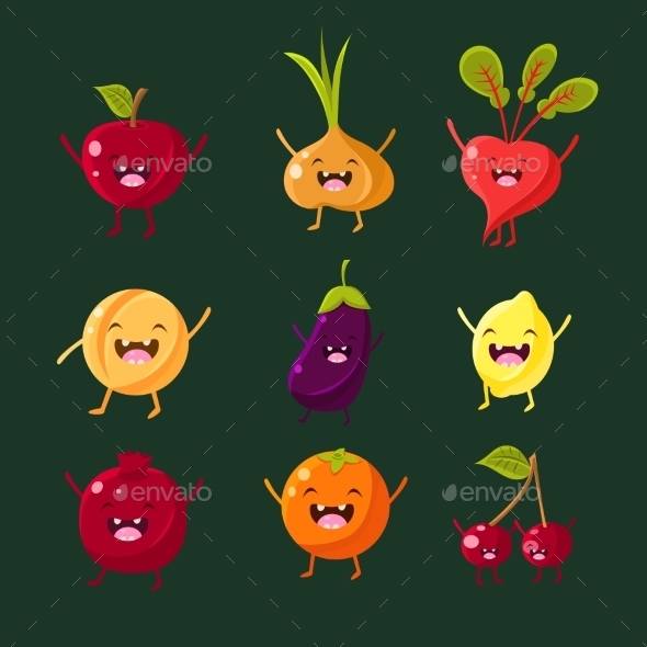 Cheerful Fruit And Vegetables. Food With Cute