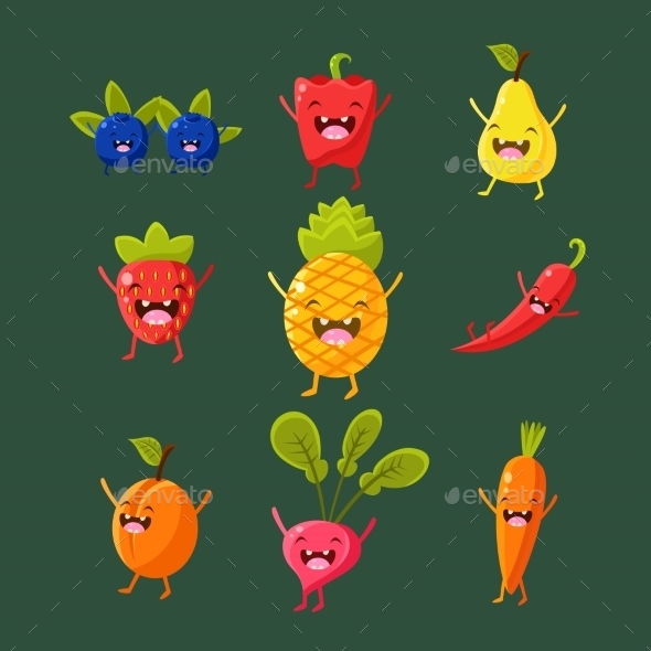 Cheerful Fruit And Vegetables. Food With Cute