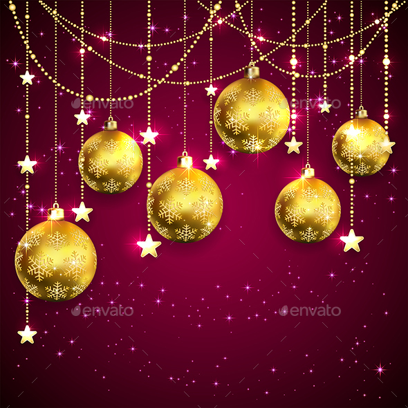 Golden Christmas Balls on Purple Background