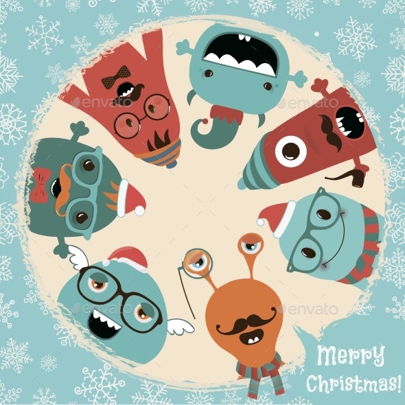 Hipster Retro Freaky Monsters Christmas Card