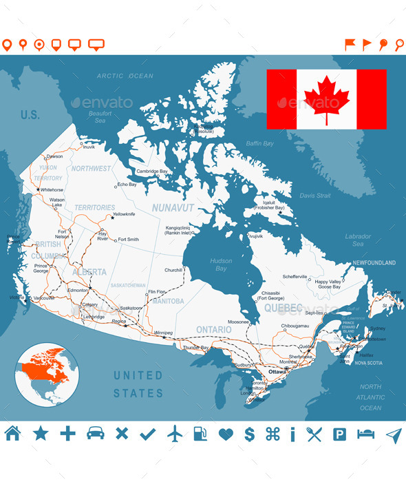 Canada Map, Flag, Navigation Labels, Roads.