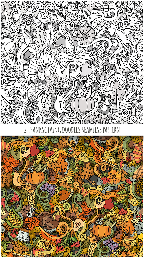 2 Thanksgiving Doodles Seamless Patterns