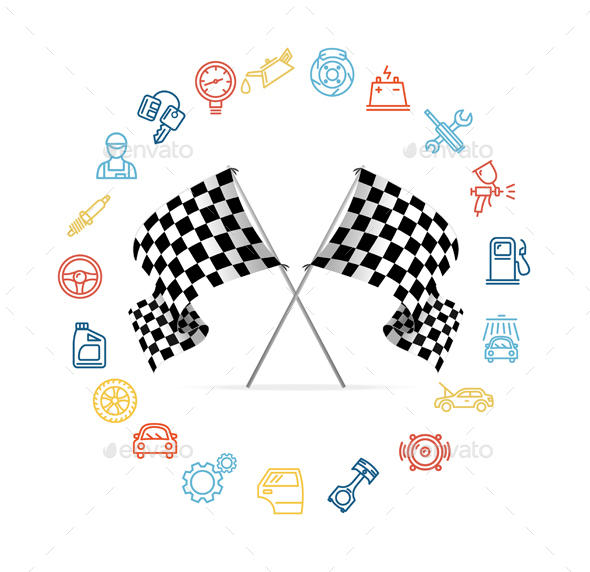 Car Icon Set and Checkered Flags Motor Racing.