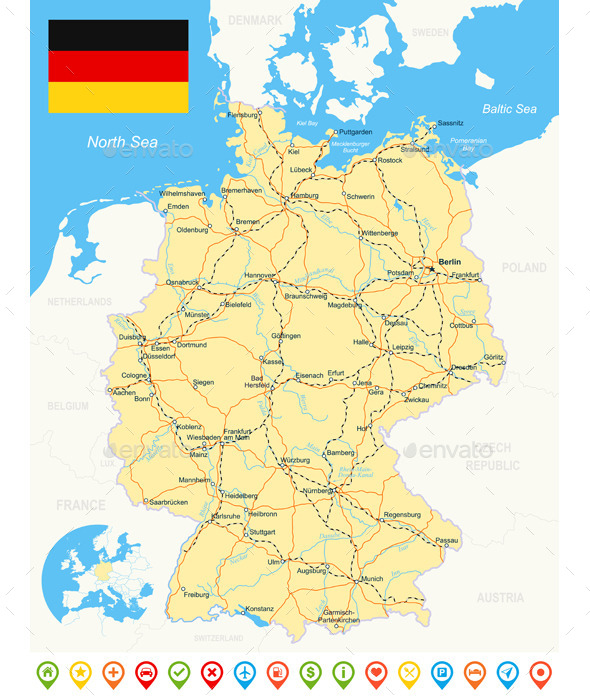 Germany Map, Flag, Navigation Icons, Roads, Rivers.