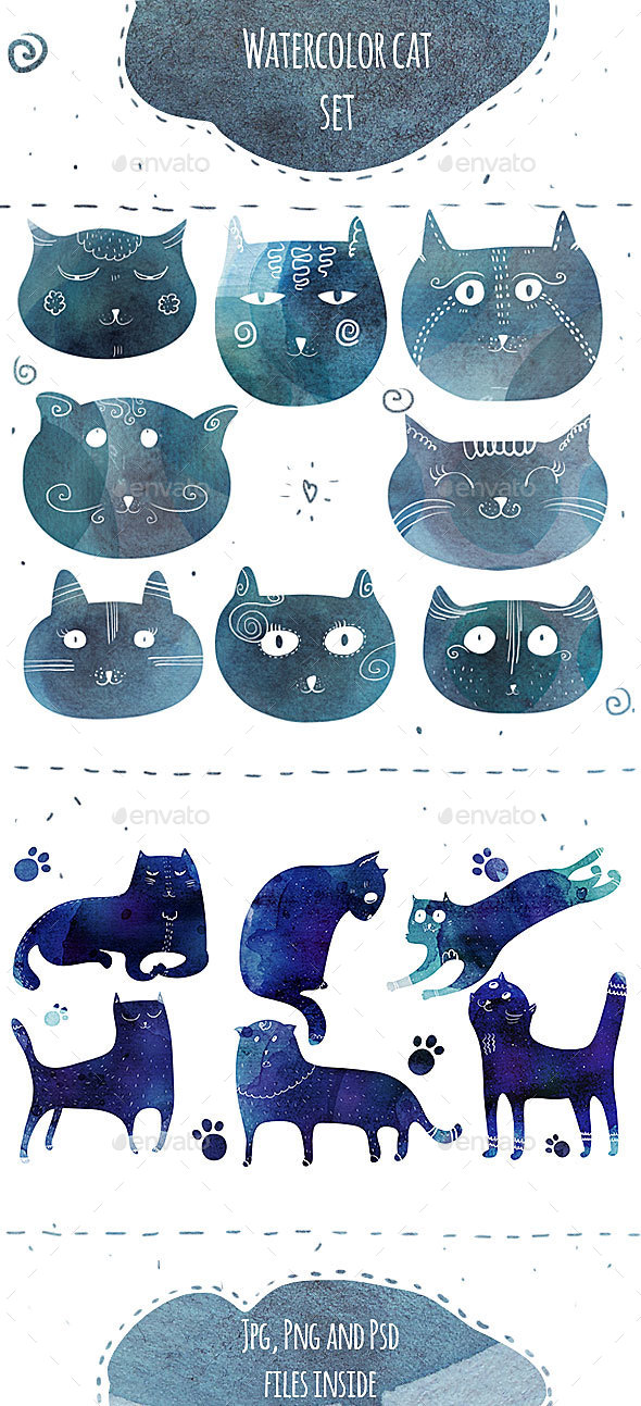 Fun Watercolor Cats Silhouettes