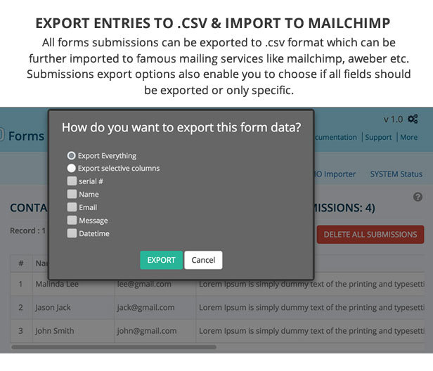 Export Wemblo Forms to .csv and Import to Famous Mailing Services like MailChimp, Aweber and Others