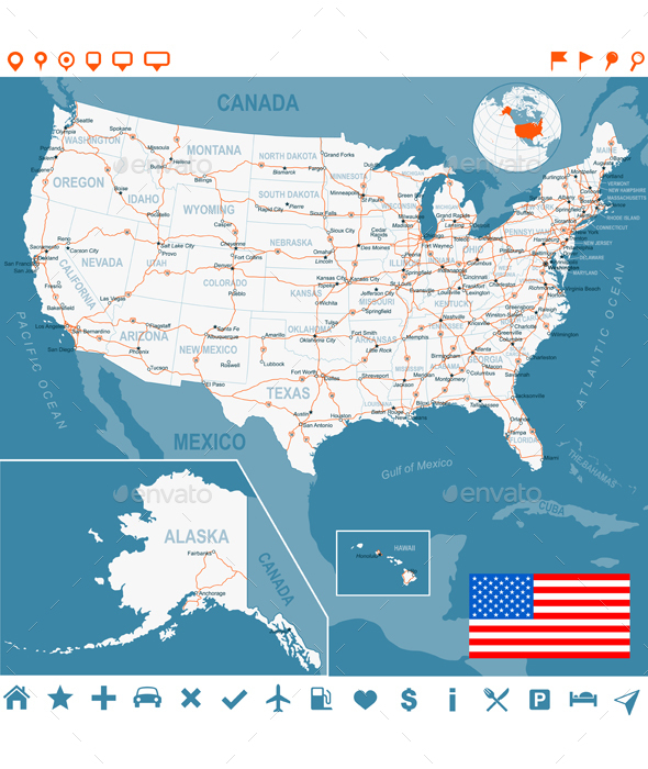 USA Map, Flag, Navigation Labels, Roads.