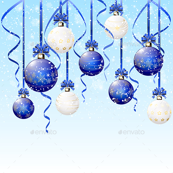 Blue and White Christmas Balls on Snowy Background