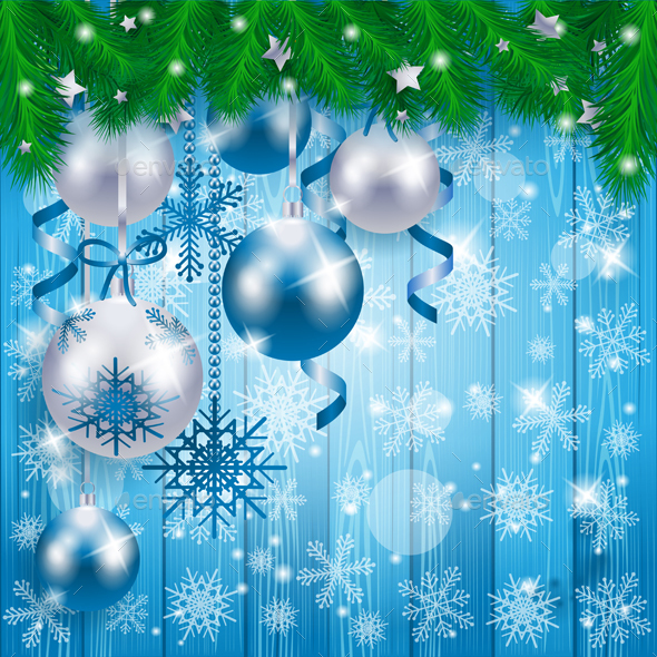 Graphicriver Christmas Baubles on Wooden Background, in Blue 14121466