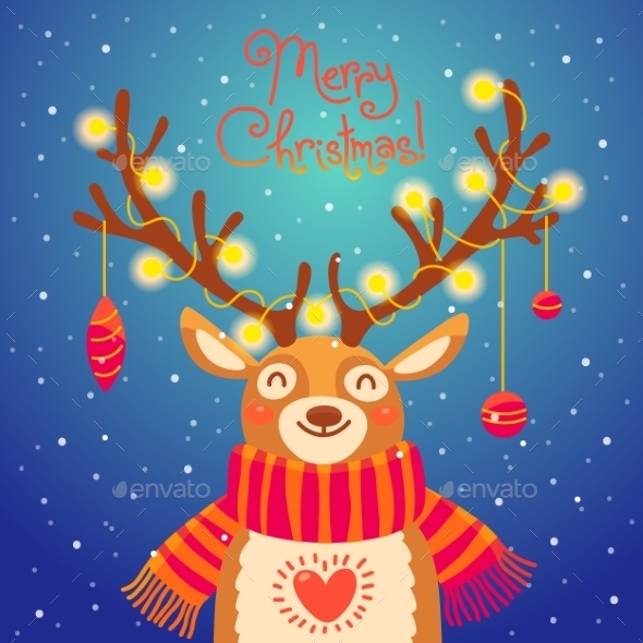 Christmas Card Cute Cartoon Deer With Garlands