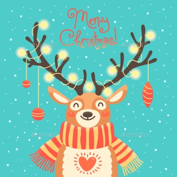 Christmas Card Cute Cartoon Deer With Garlands