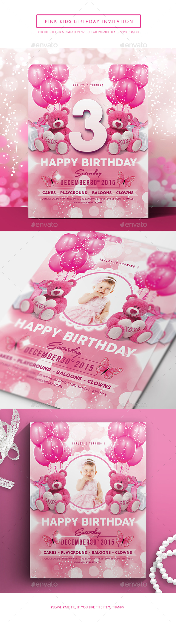 Pink Kids Birthday Invitation