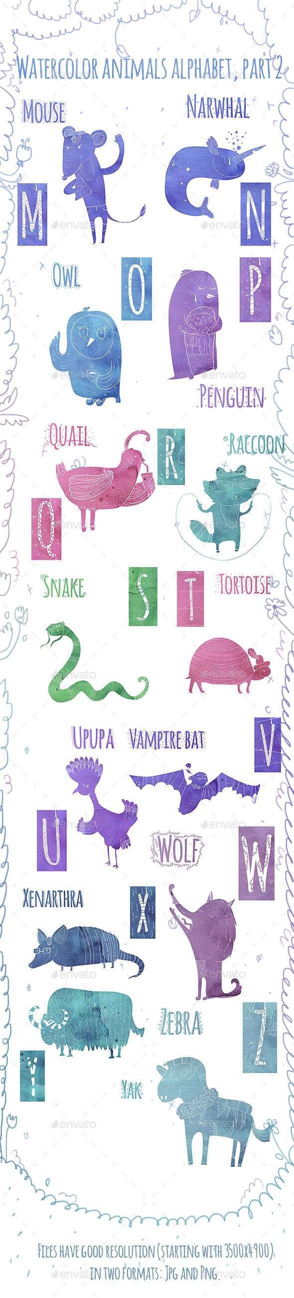 Animal Watercolor Alphabet (M-Z)