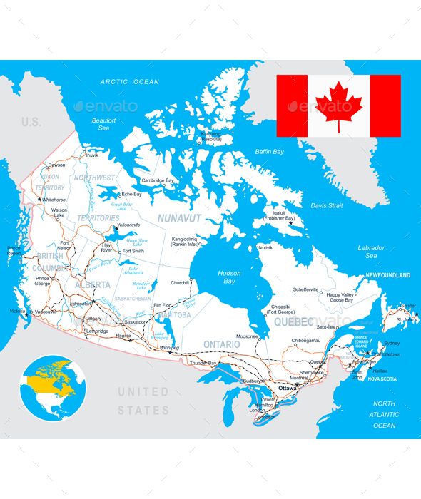 Canada Map, Flag and Roads Illustration