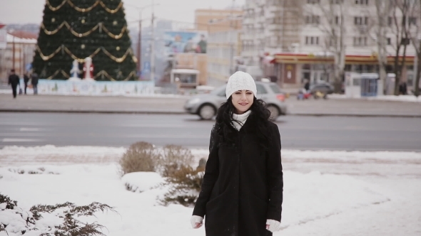 Girl Goes On a City On a Background Of Christmas