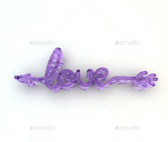 3D purple glass textured love word isolated on white background